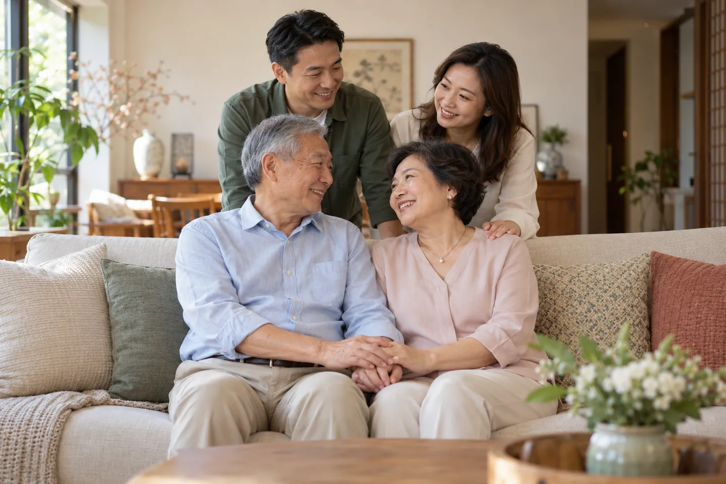 Older couple holding hands with family gathered around them