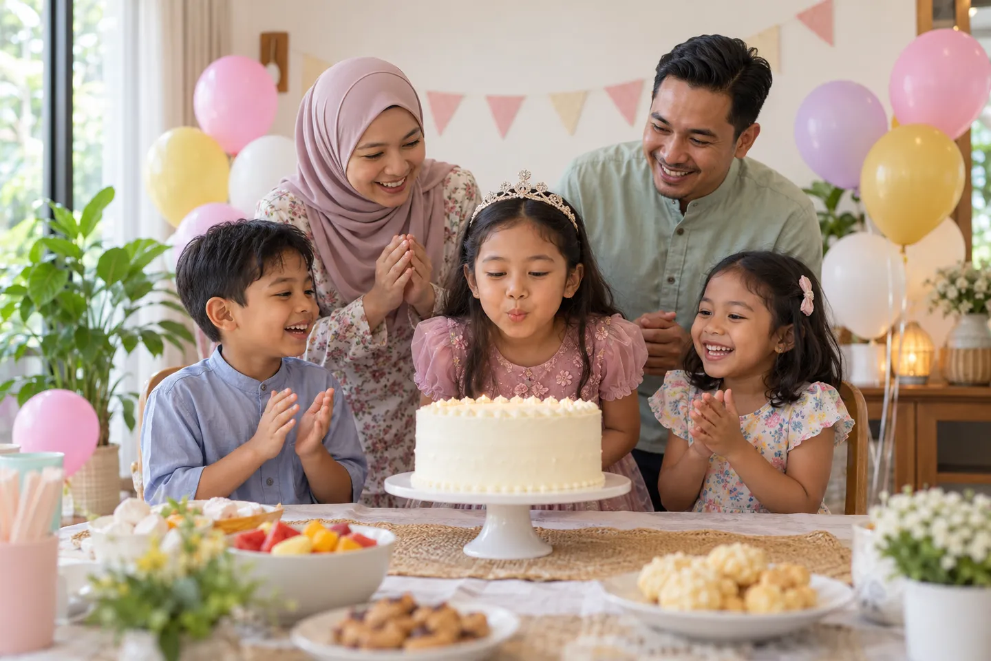 Kanak-kanak dan keluarga meraikan hari jadi di sekeliling kek