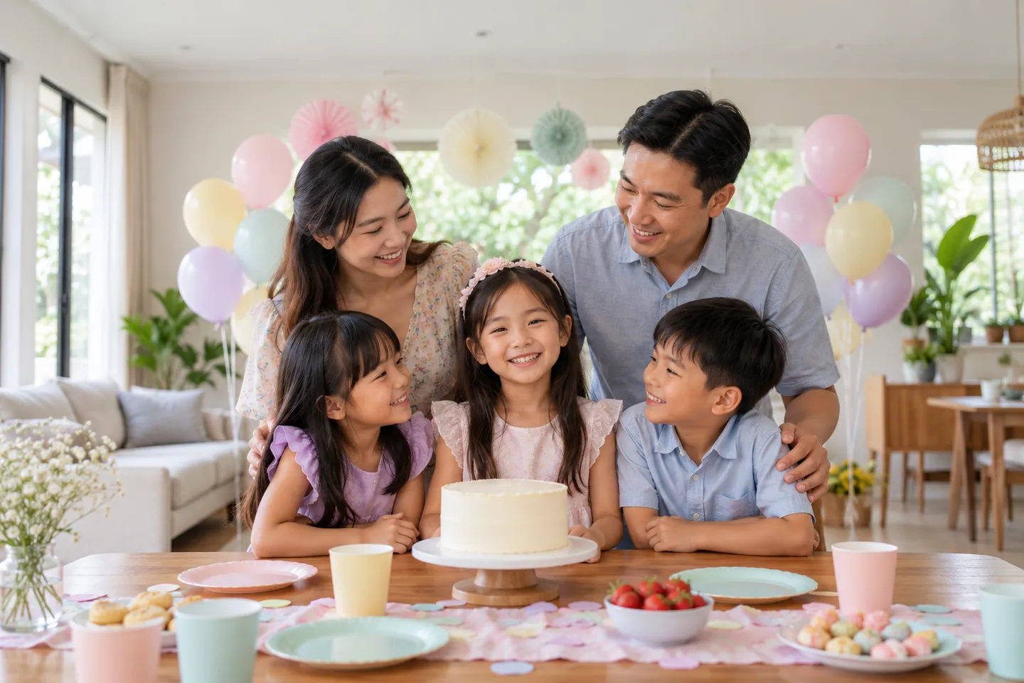 Children and family celebrating around a birthday cake