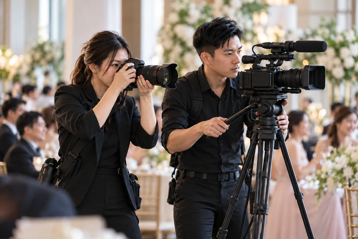 Photographer and videographer covering an event together