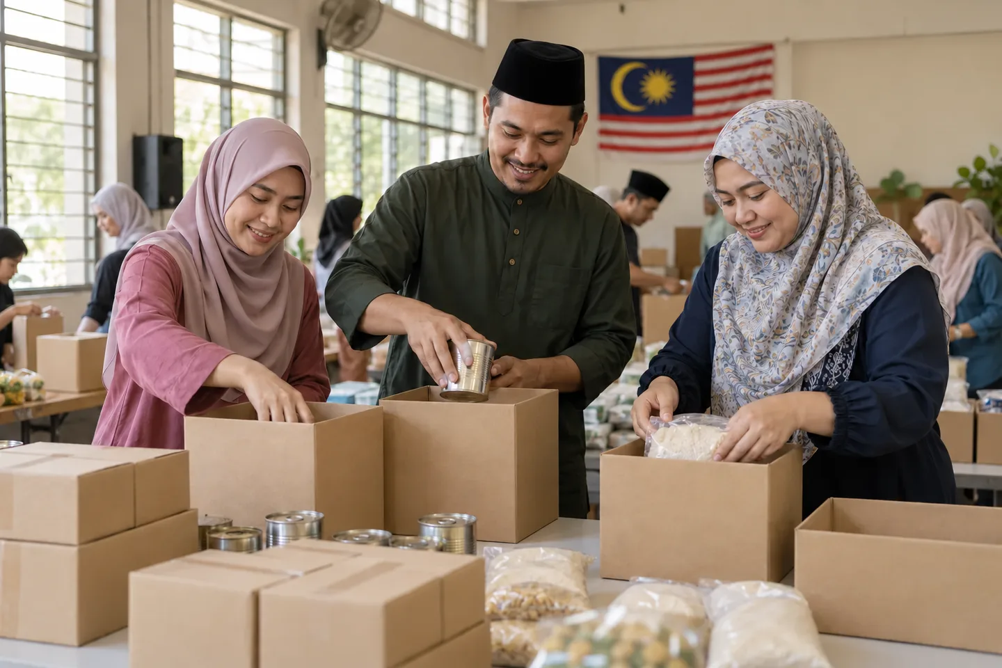 Sukarelawan menyusun bungkusan sumbangan
