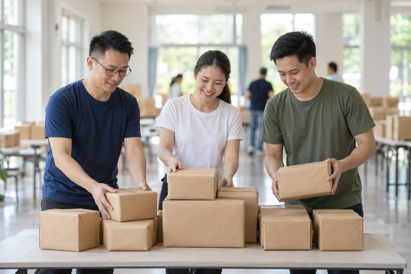 Volunteers arranging donation packages
