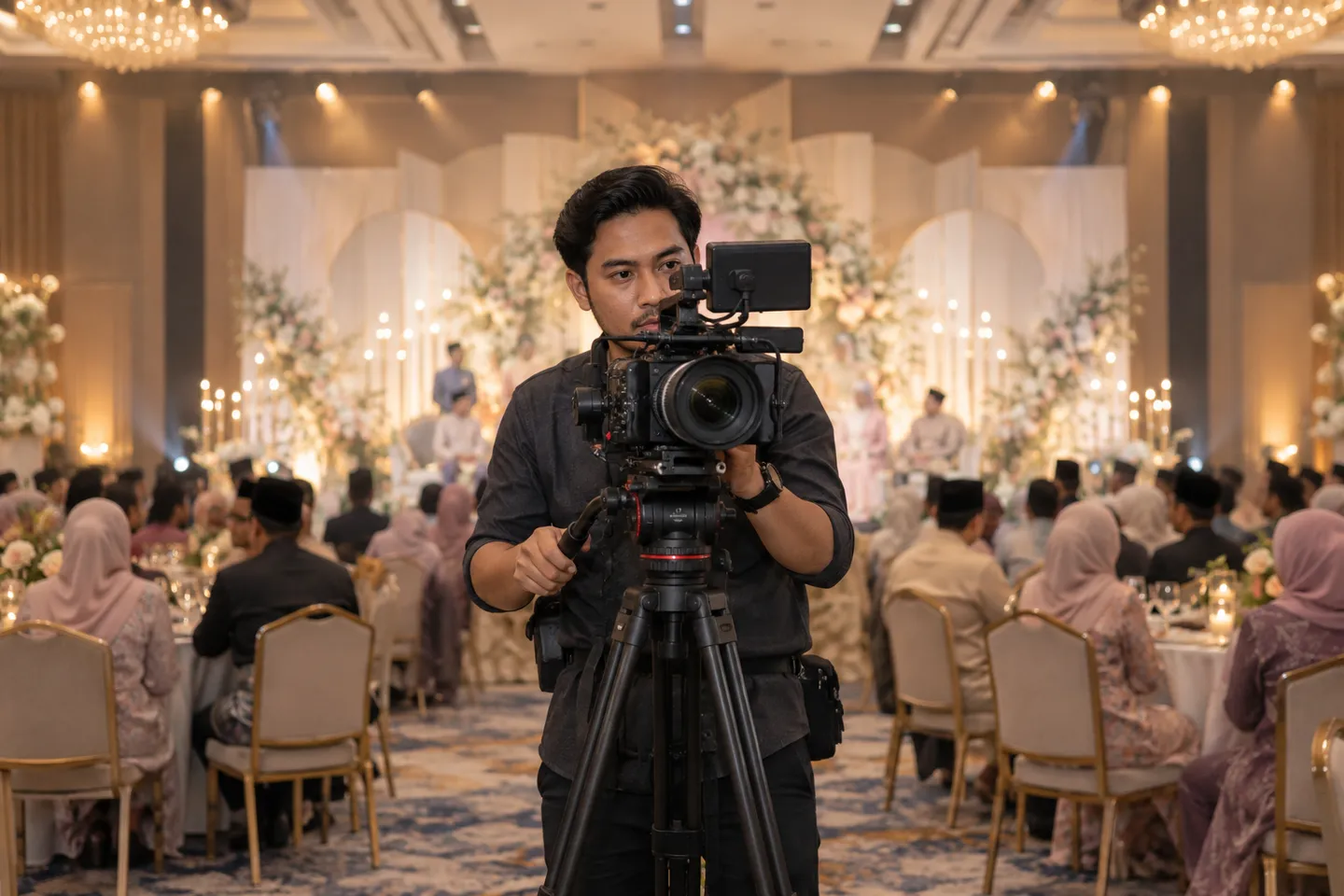 Juruvideo mengendalikan kamera di sebuah acara
