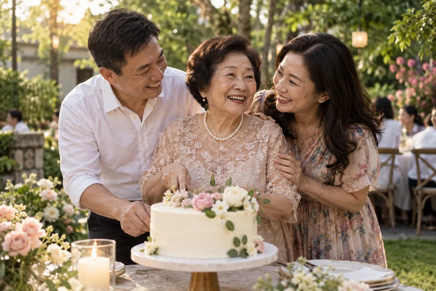Family members celebrating around a birthday cake