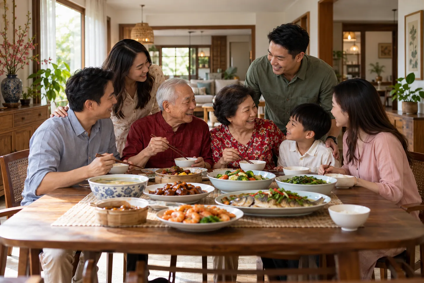 Three generations gathering for a family meal