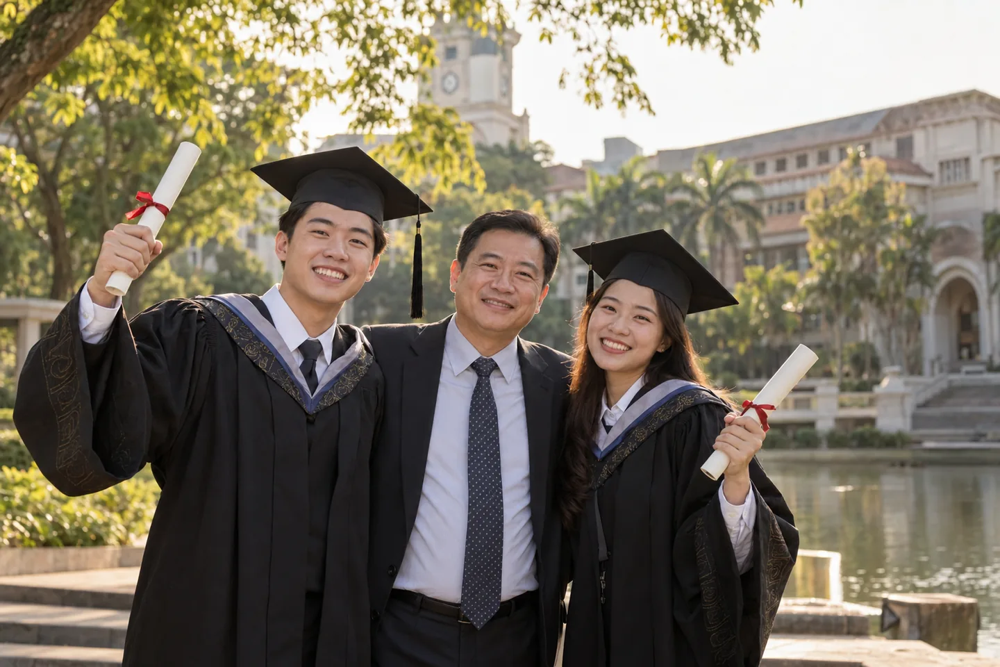 Graduates with family on a campus