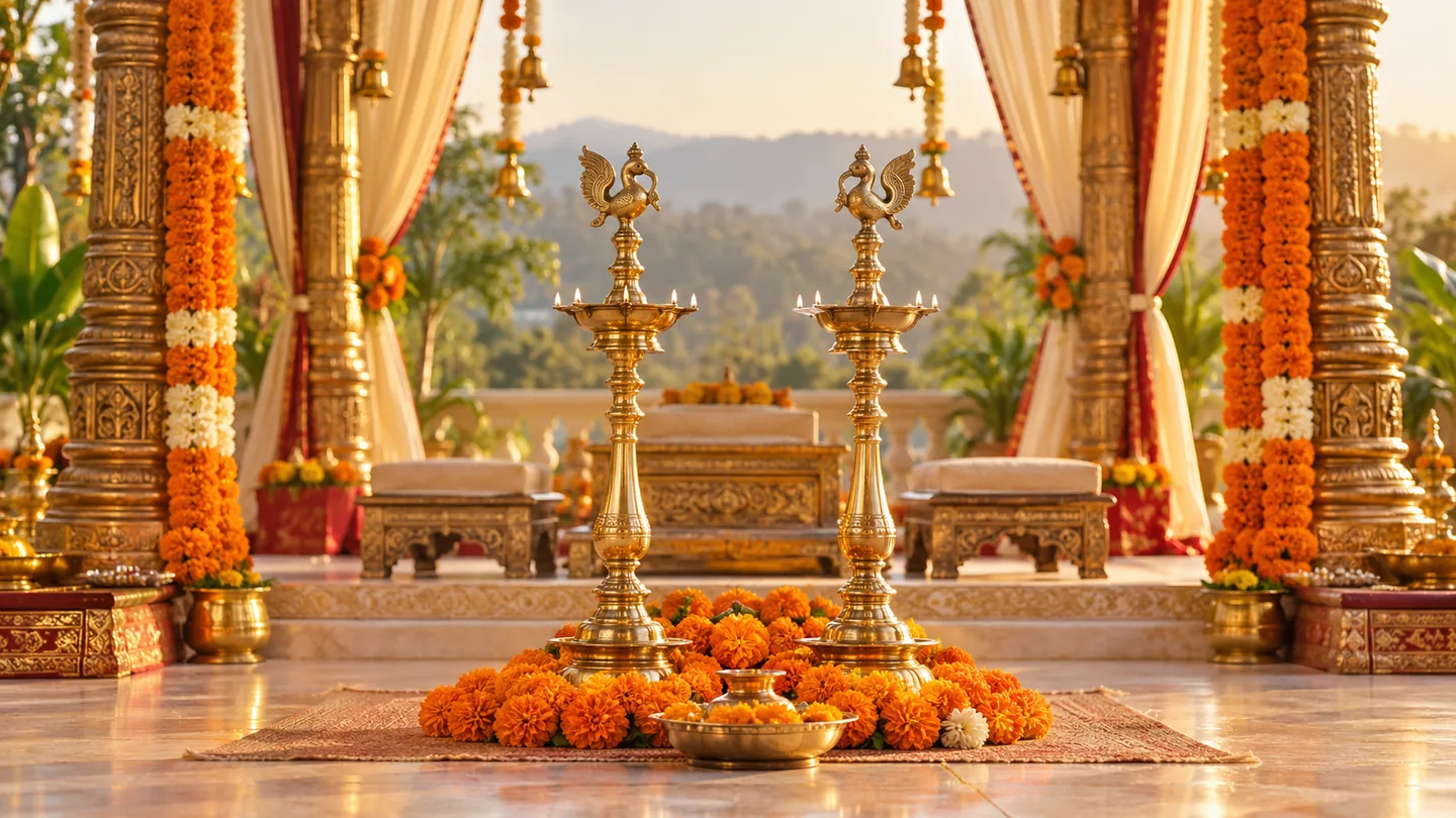 Brass lamps and marigolds in a ceremony setting