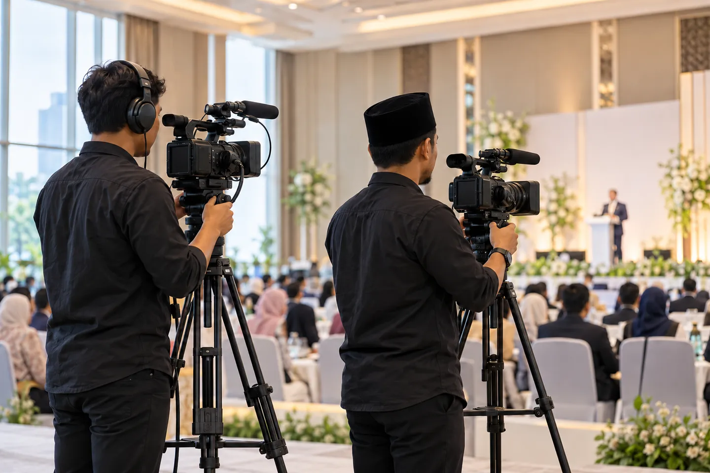 Dua jurukamera merakam acara dari kedudukan berbeza