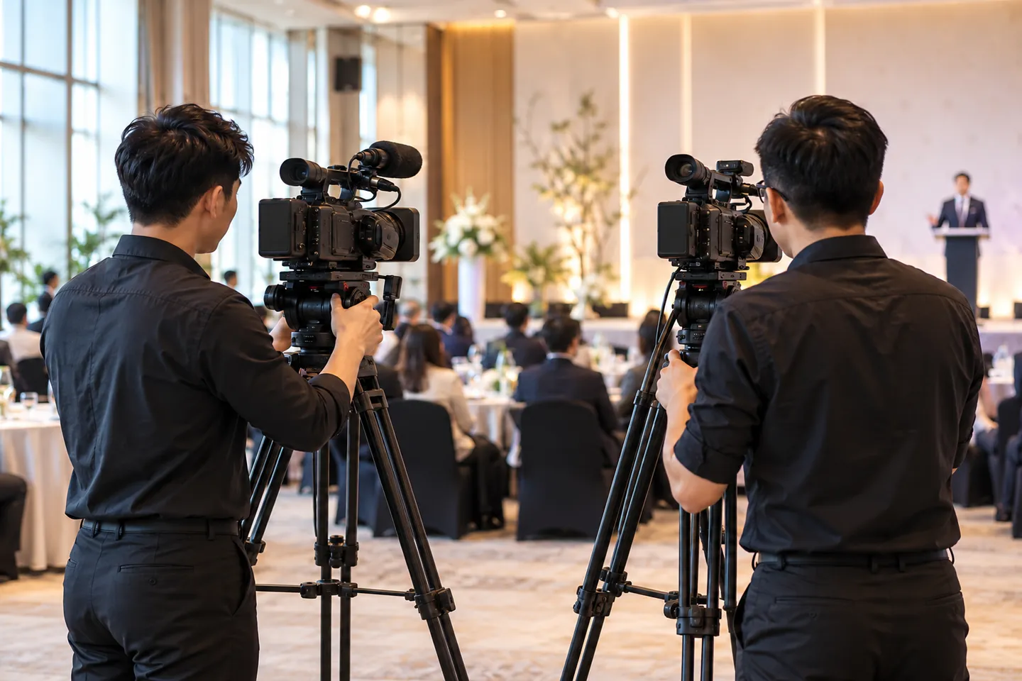 Two camera operators recording an event from separate positions