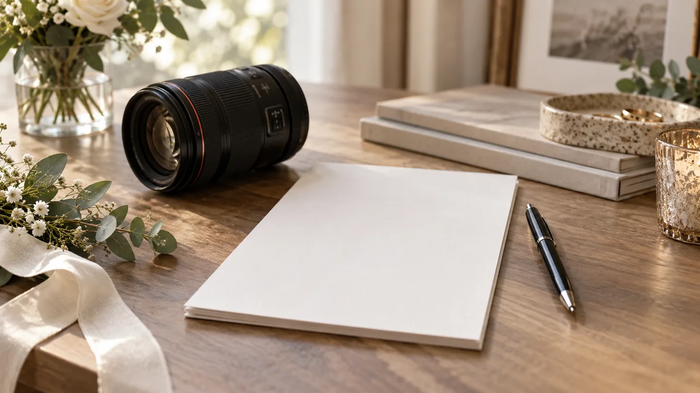 Blank notepad, camera lens and pen on a desk