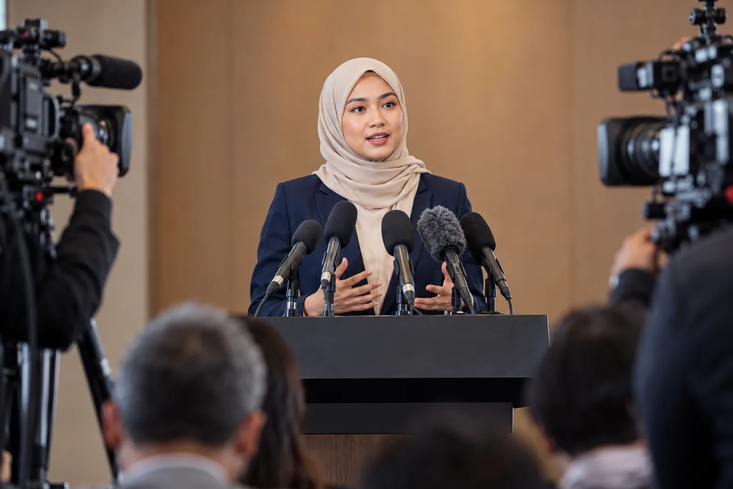 Jurucakap bercakap di hadapan mikrofon semasa sidang media