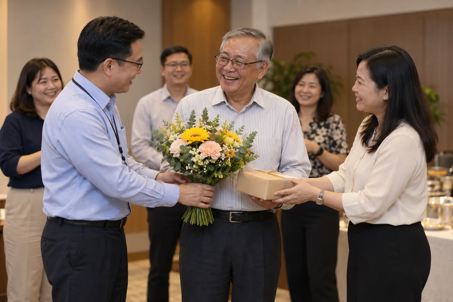 Colleagues celebrating a retirement with flowers