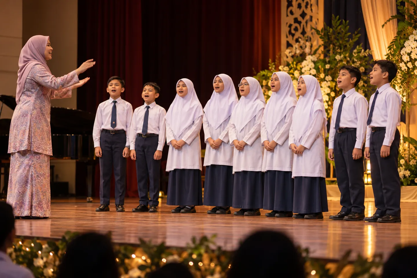 Murid menyanyi bersama di pentas konsert sekolah