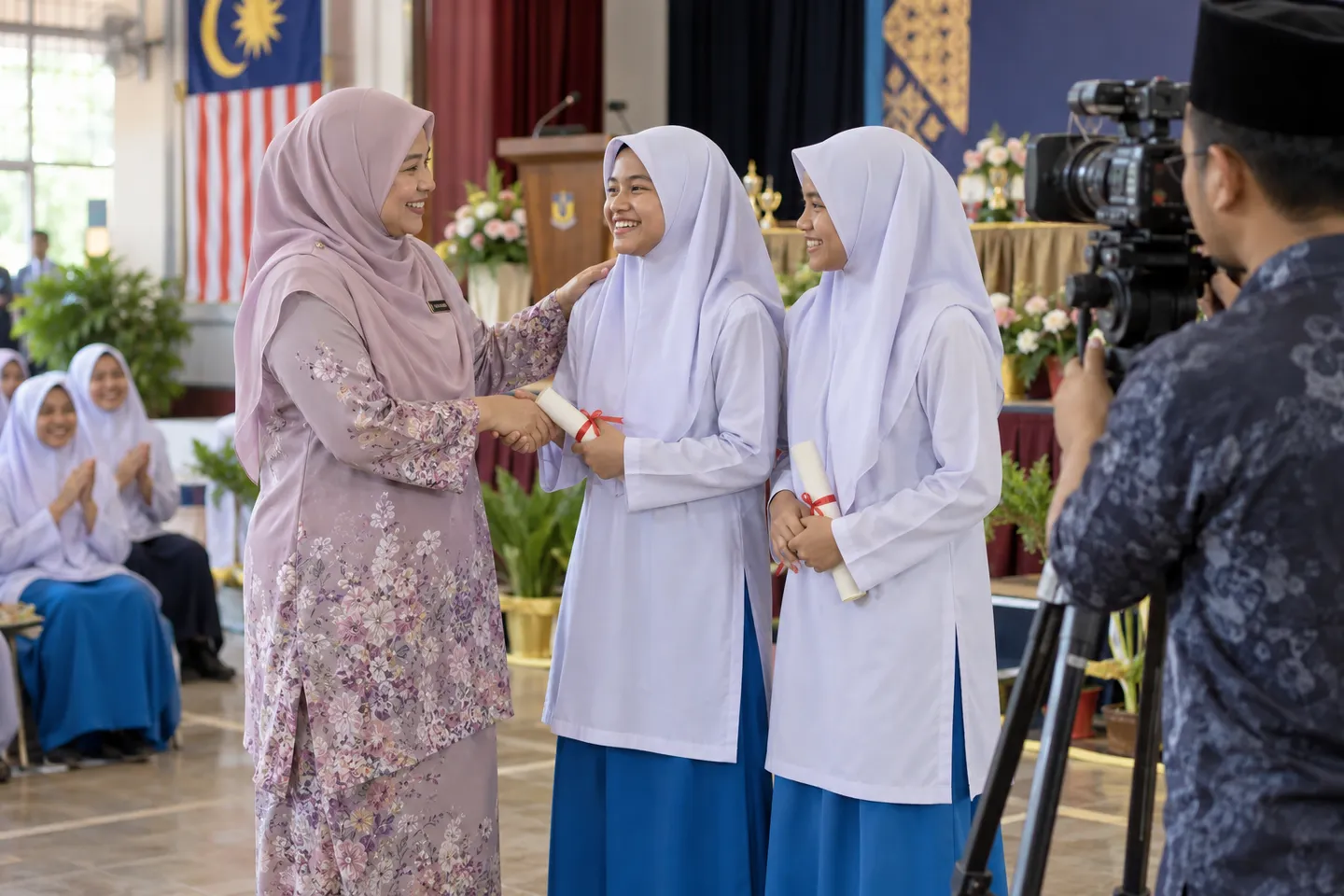 Guru mengucapkan tahniah kepada pelajar di majlis sekolah