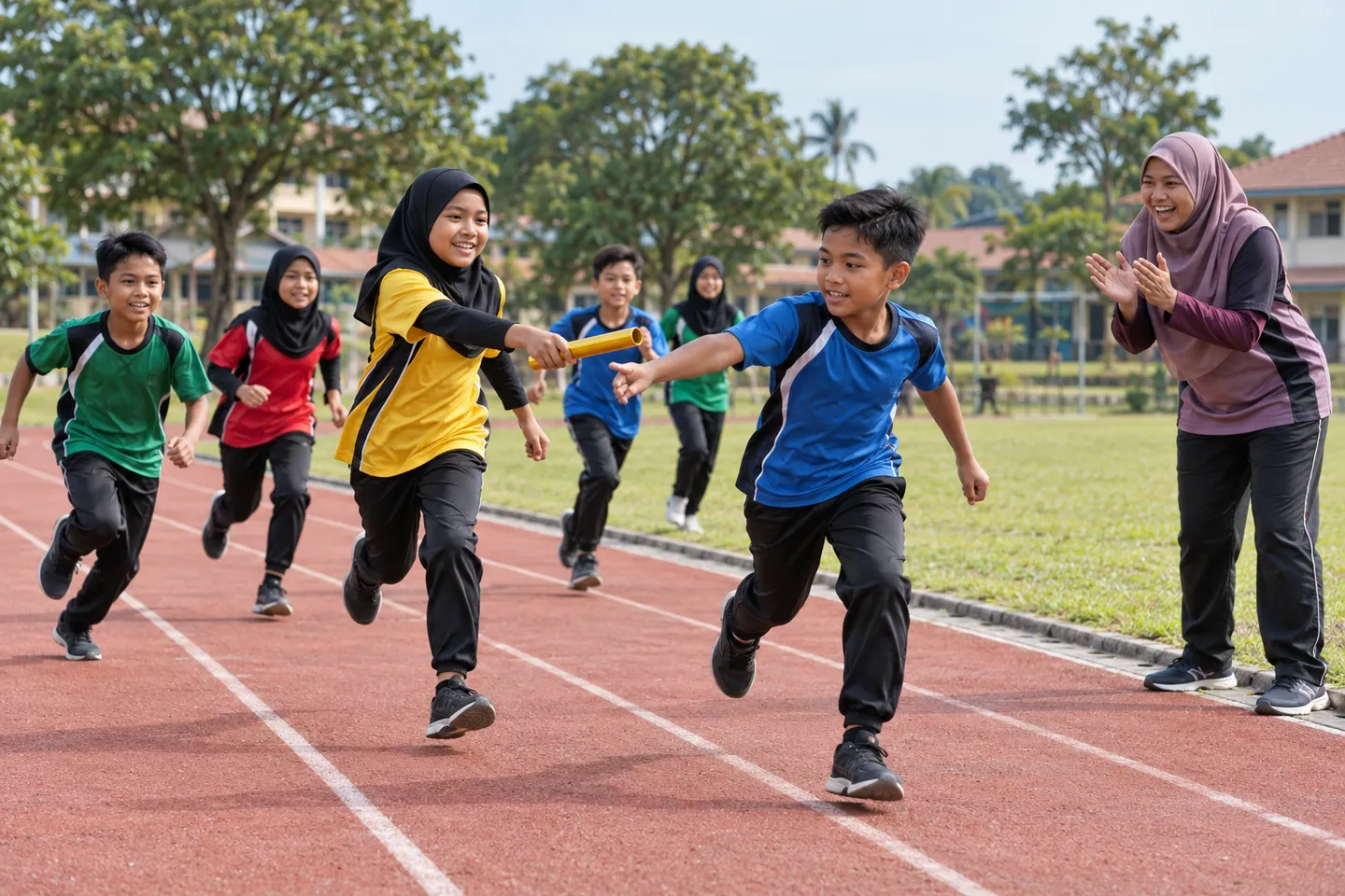 Murid mengambil bahagian dalam larian berganti-ganti di sekolah