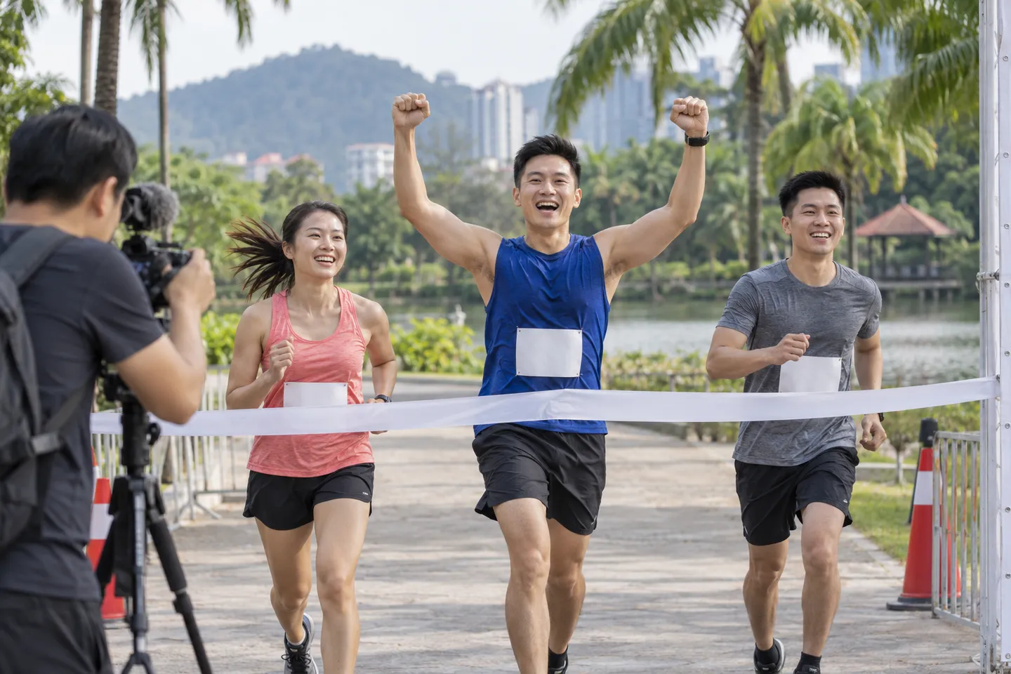 Adult runners crossing an outdoor finish line