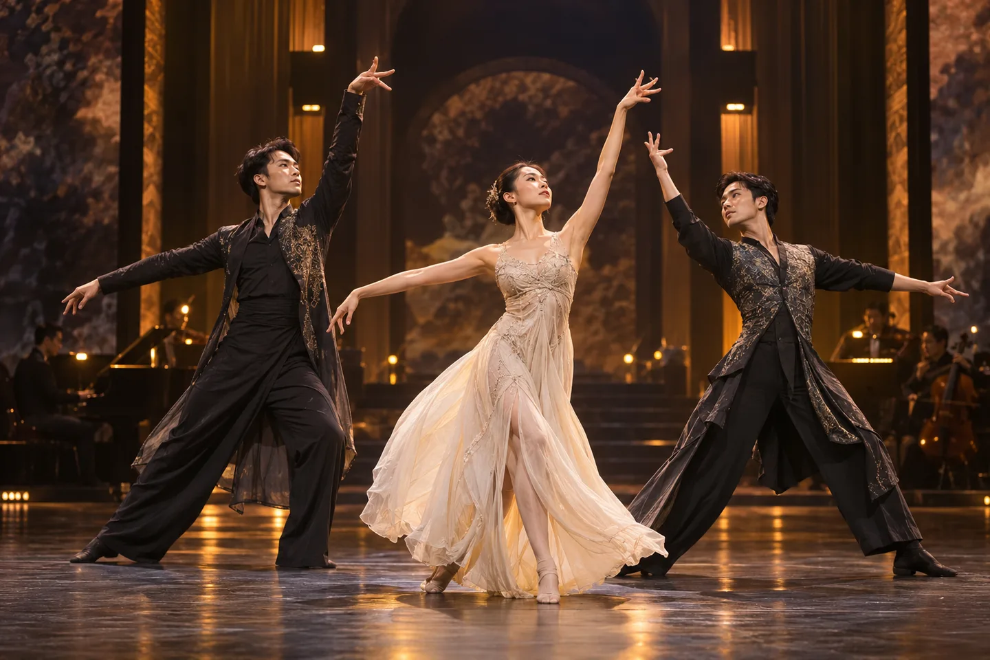 Adult dancers on a lit stage