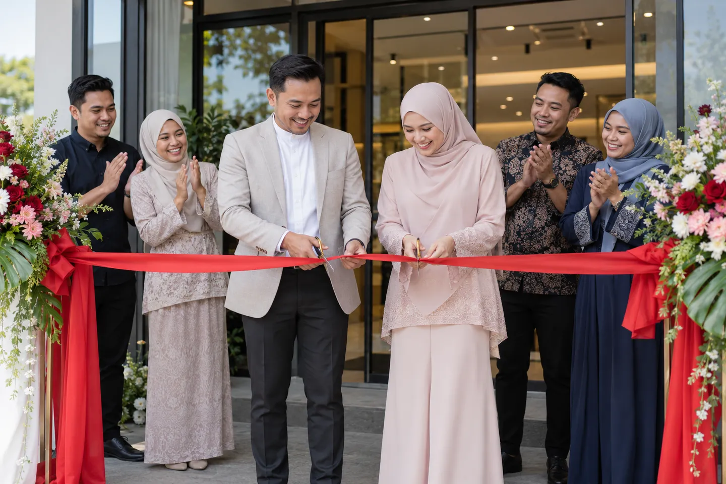 Upacara memotong reben sempena pembukaan kedai