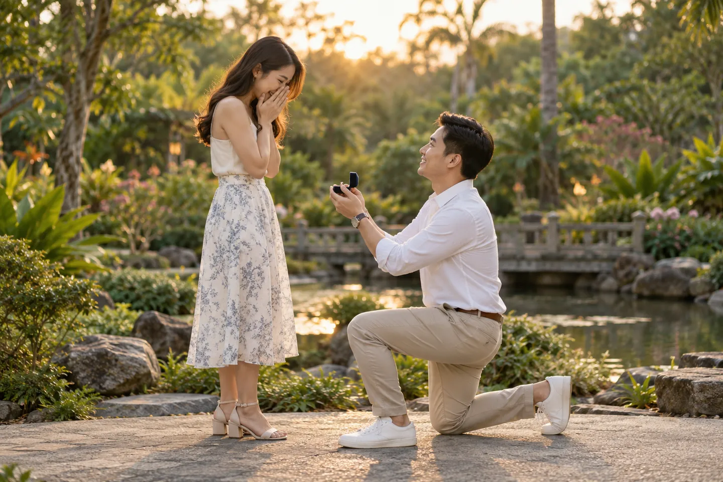 Couple sharing a surprise proposal in a garden
