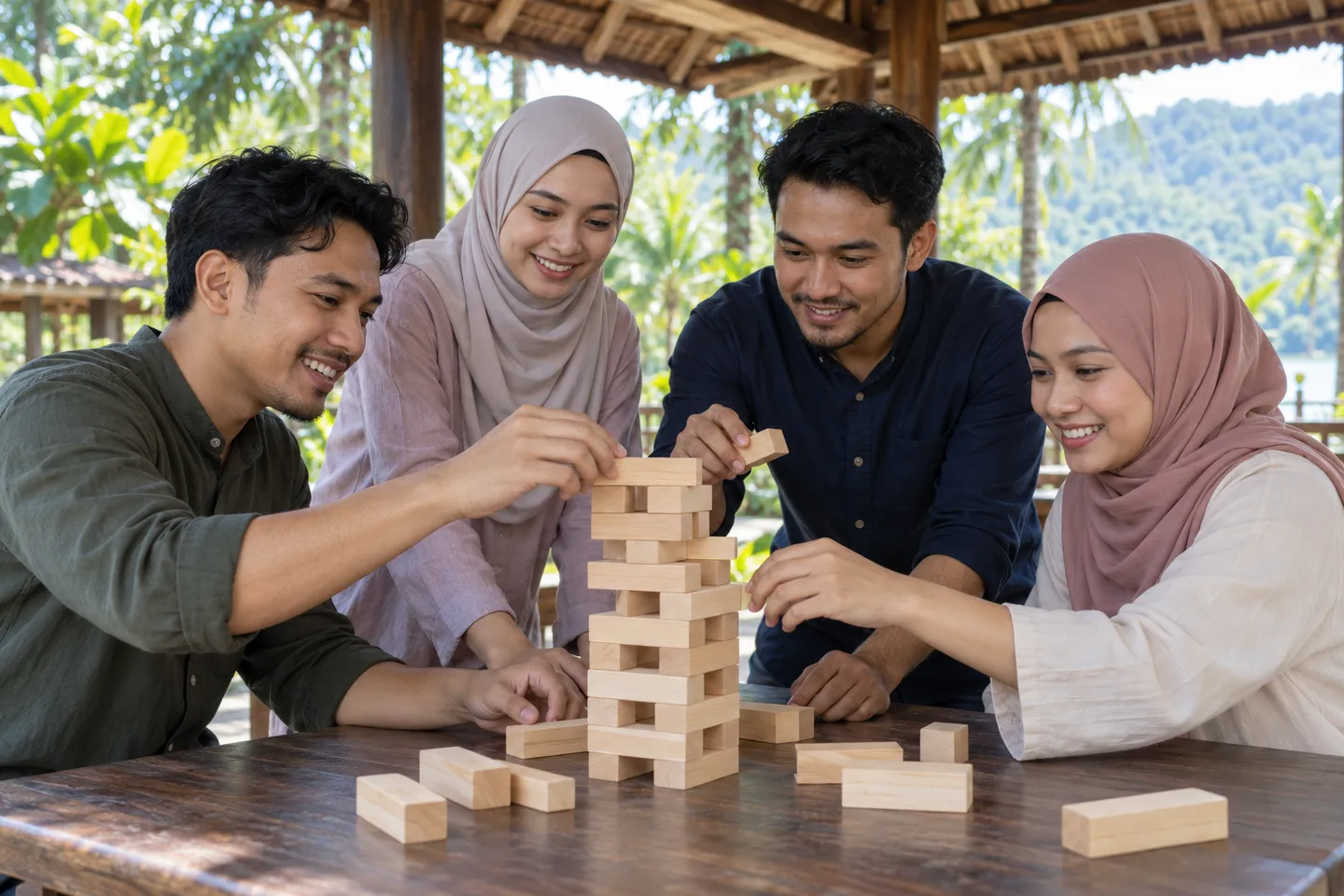 Rakan sekerja bekerjasama membina menara blok kayu