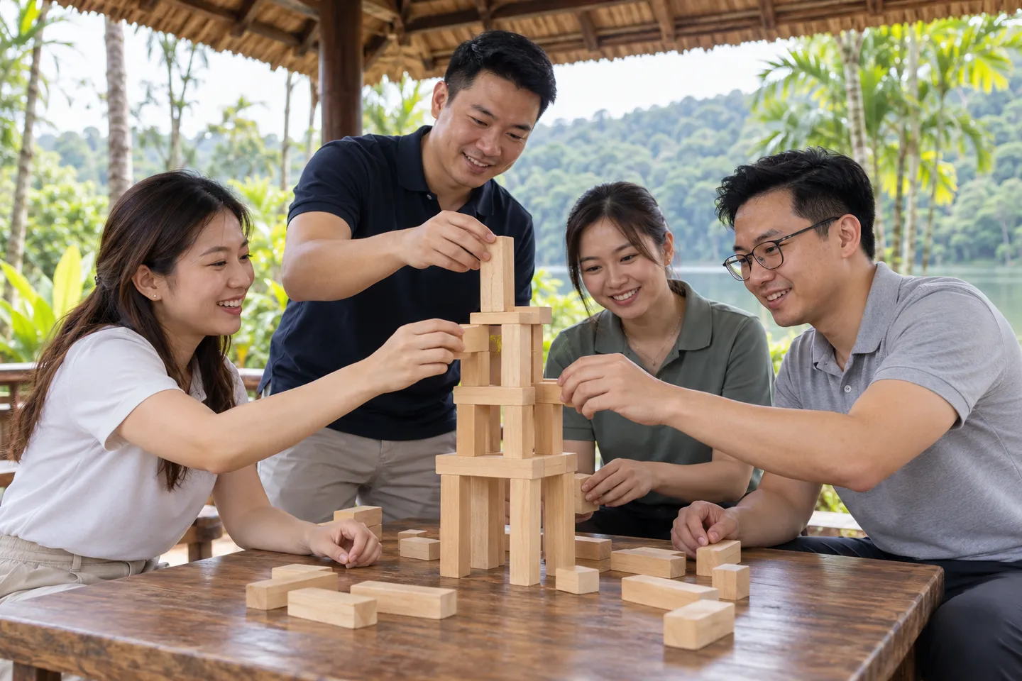 Colleagues building a wooden block tower together