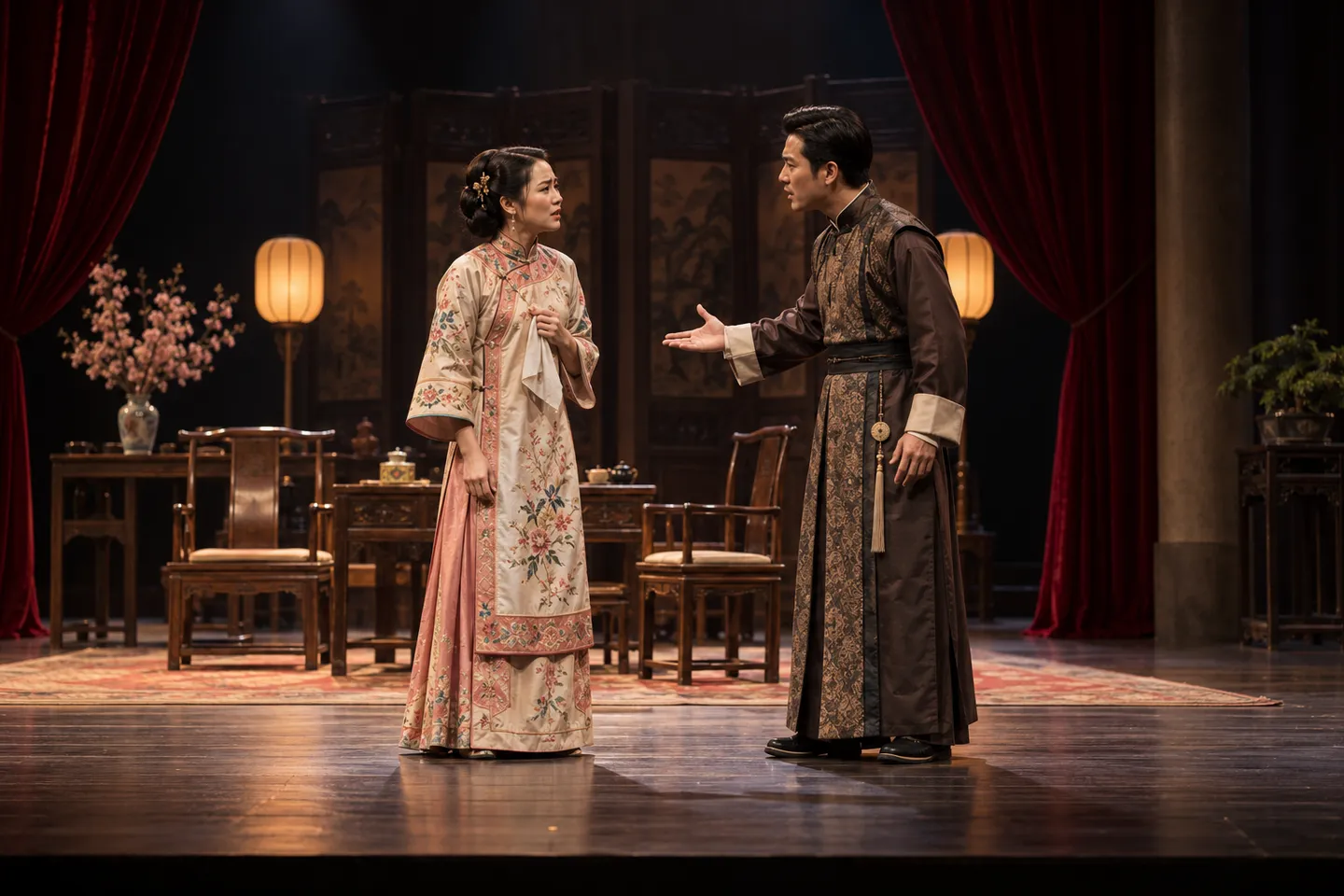 Two actors performing a dramatic scene on stage
