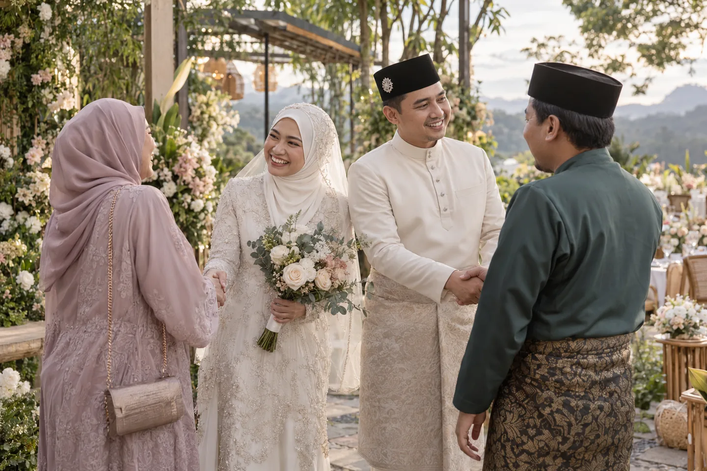 Pengantin dan tetamu di majlis perkahwinan dalam taman