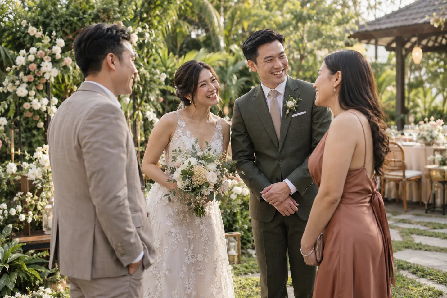 Couple and guests at a garden wedding reception