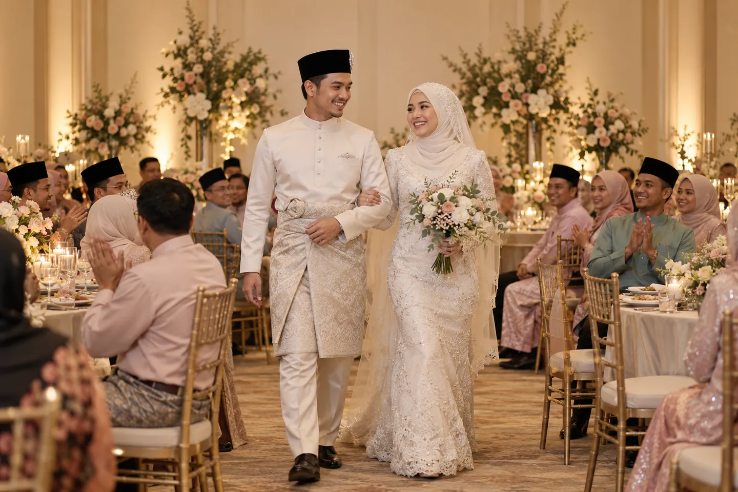 Pengantin memasuki dewan majlis dengan tepukan tetamu
