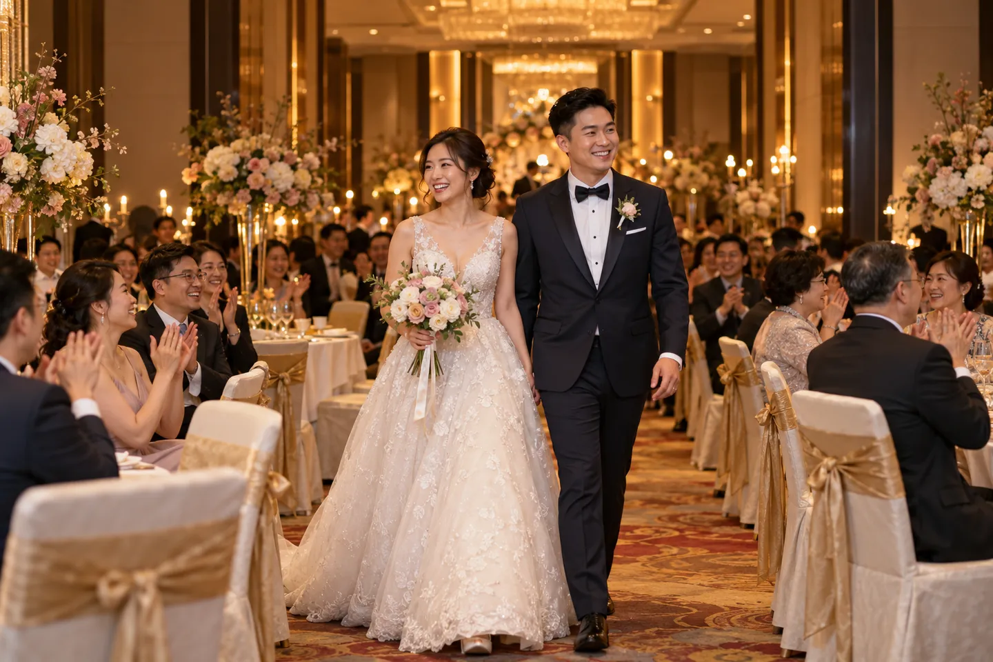 Newlyweds entering a wedding banquet with guests applauding