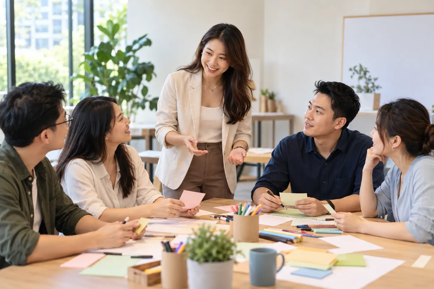 Facilitator leading a group workshop around a table